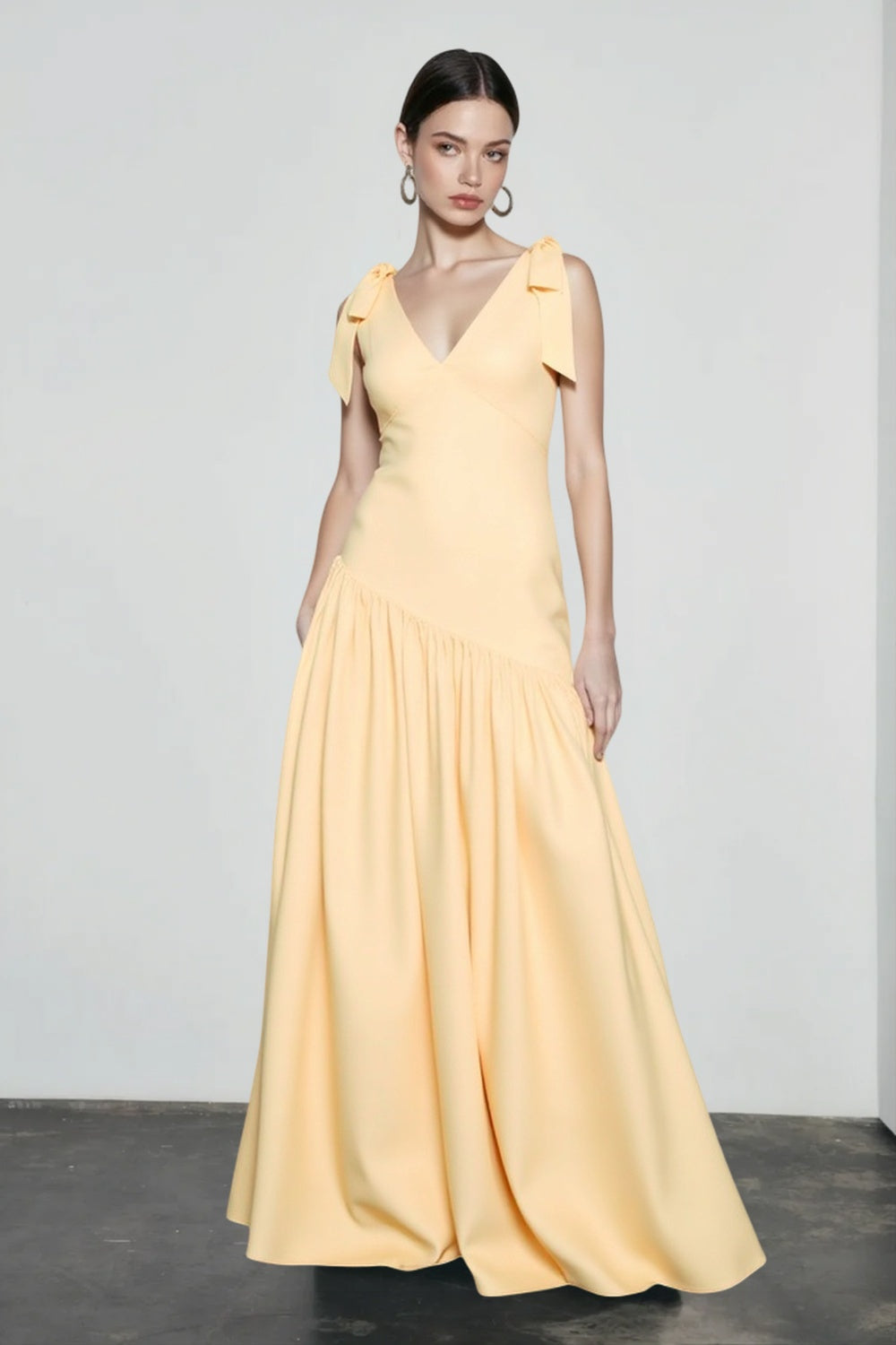 V-Neck Bow Strap Gathered Asymmetric Drop Waist Maxi Gown