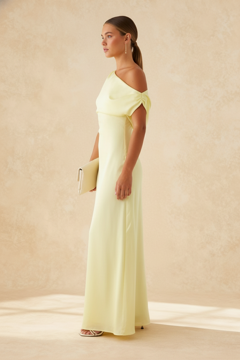 Satin One Shoulder Draped Mermaid Gown - View 4