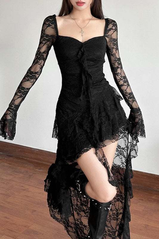 Long Sleeve Irregular Hem Lace Dress - View 4
