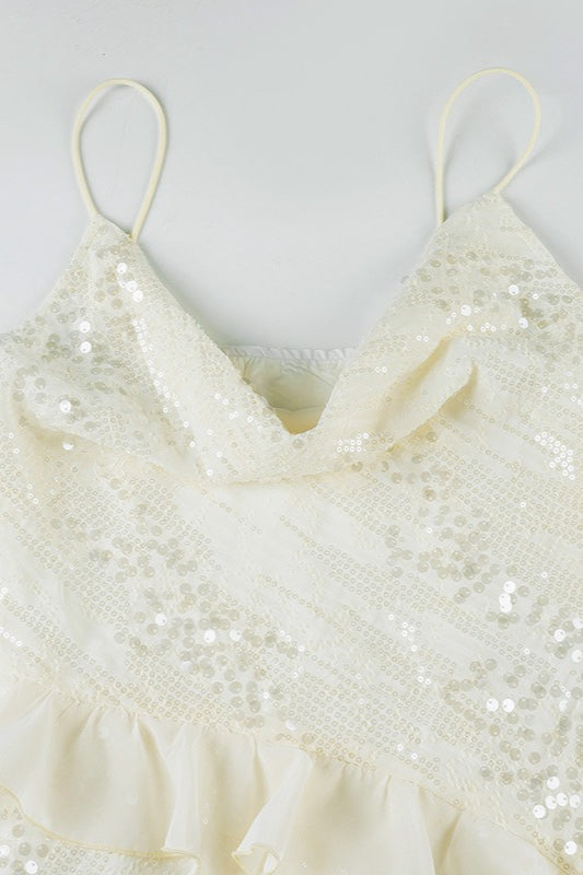 Sequin Spaghetti Strap Cowl Neck Ruffle Slip Mini Dress - View 7