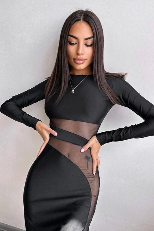 Mesh Panel Long Sleeve Maxi Dress - View 4