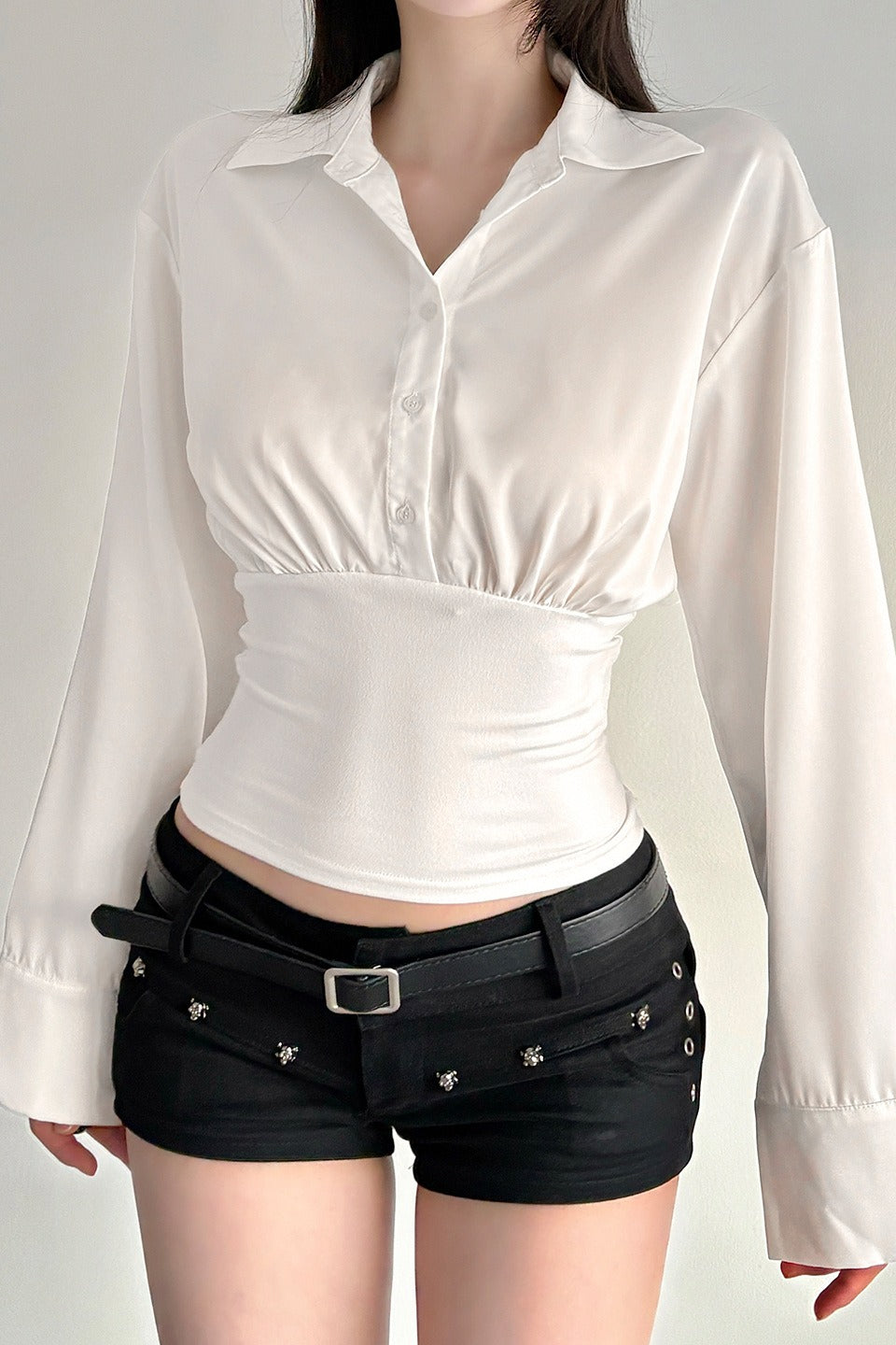 Sleeve Panel Solid Polo Blouse
