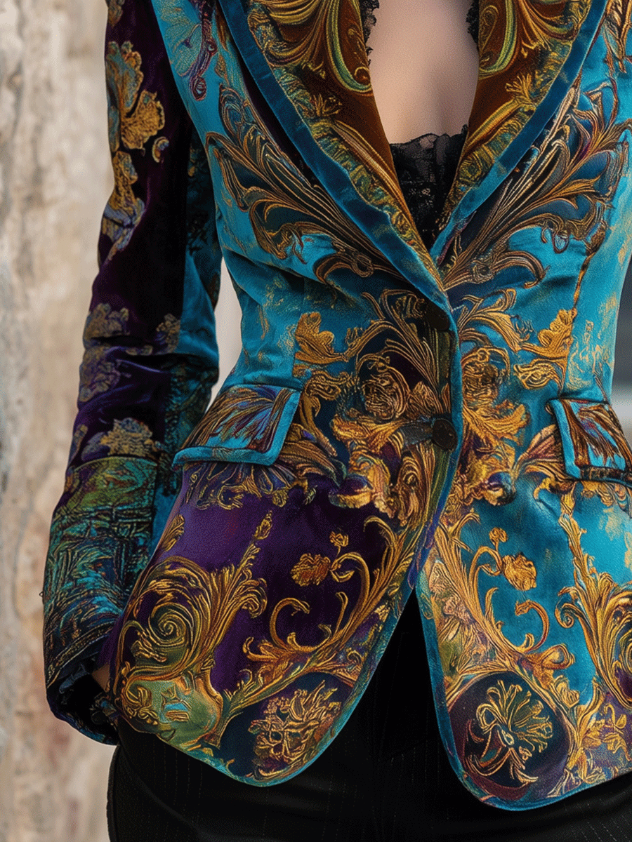 Baroque Print Velvet Peak Lapel Single Button Blazer 4