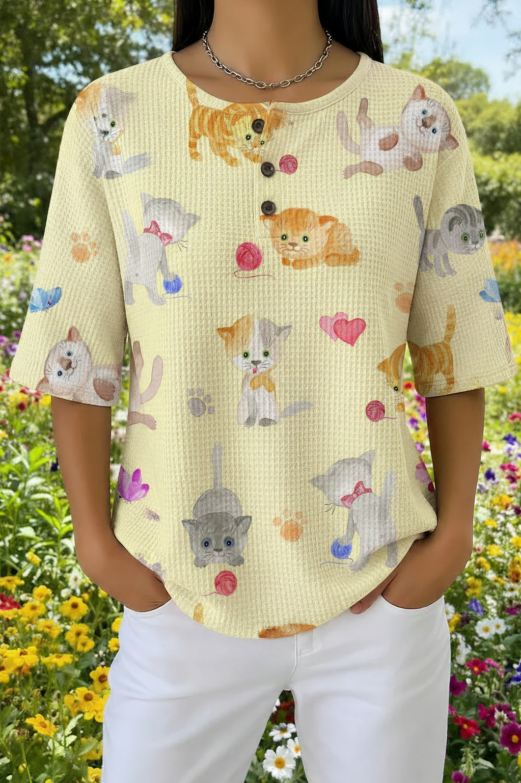 Kitten Print Button Henley Waffle Knit Top
