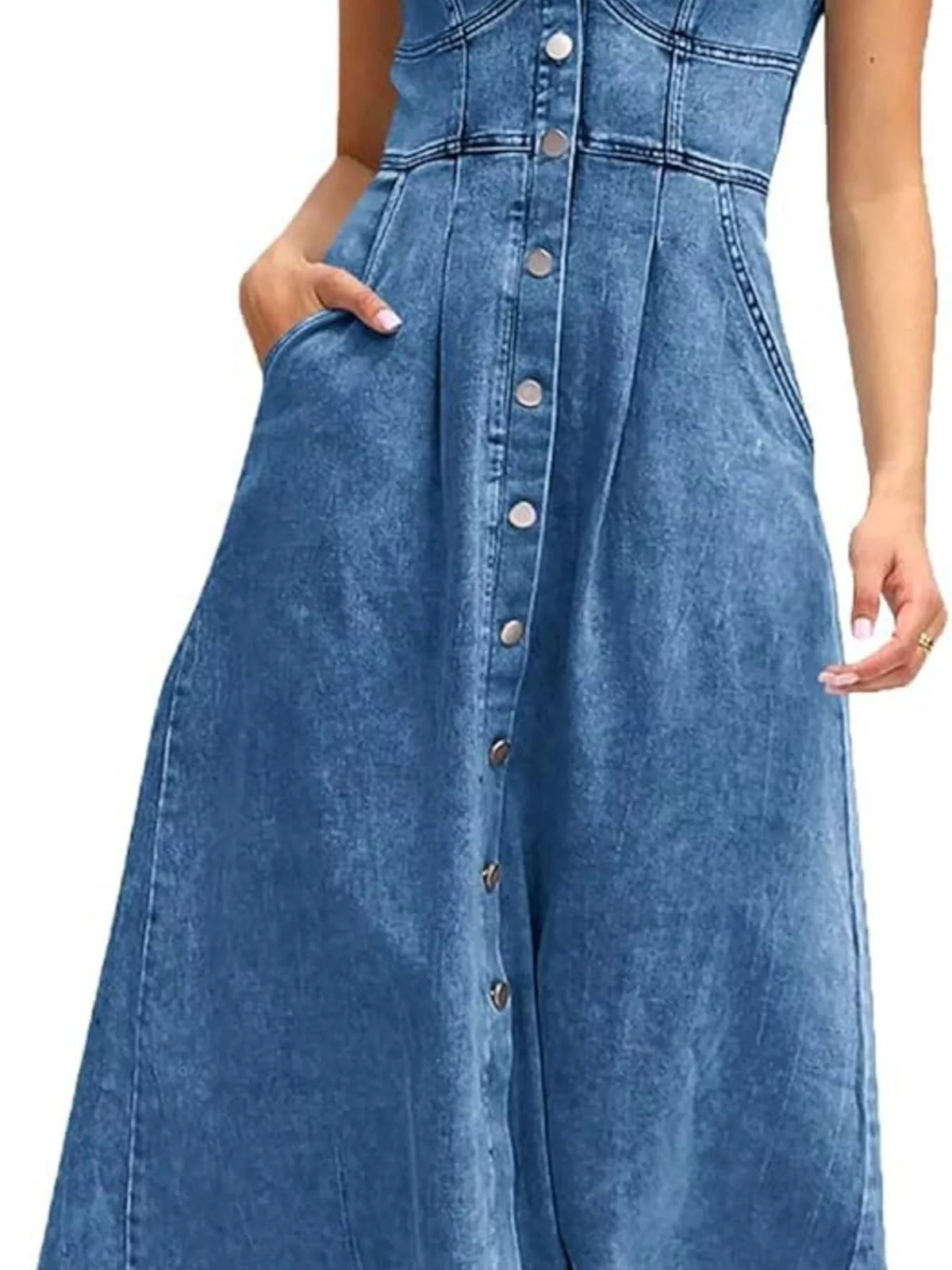 Sweetheart Neck Button Front Denim Look Midi Dress 7