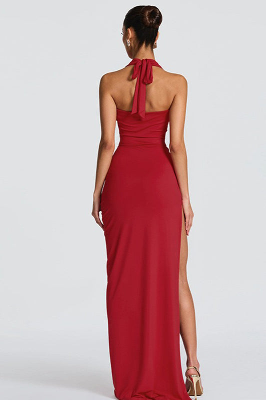 Deep V-Neck Halter Backless Ruched High Split Maxi Dress - View 2