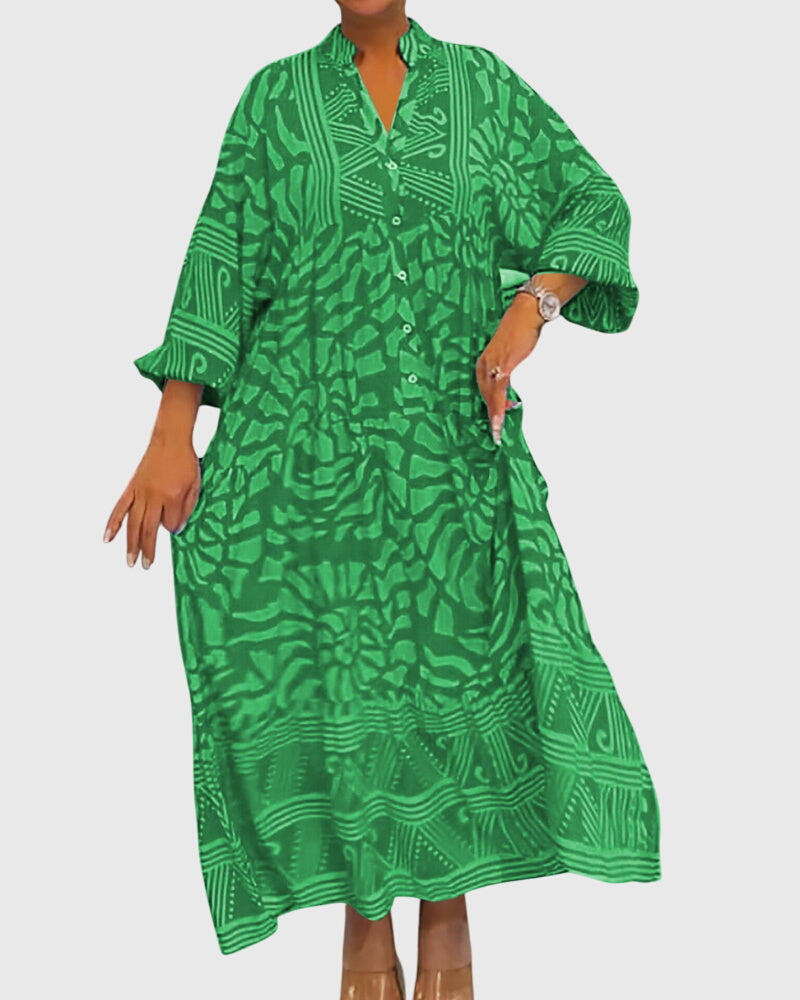 Abstract Print Button Front Long Sleeve Tiered Maxi Dress 5