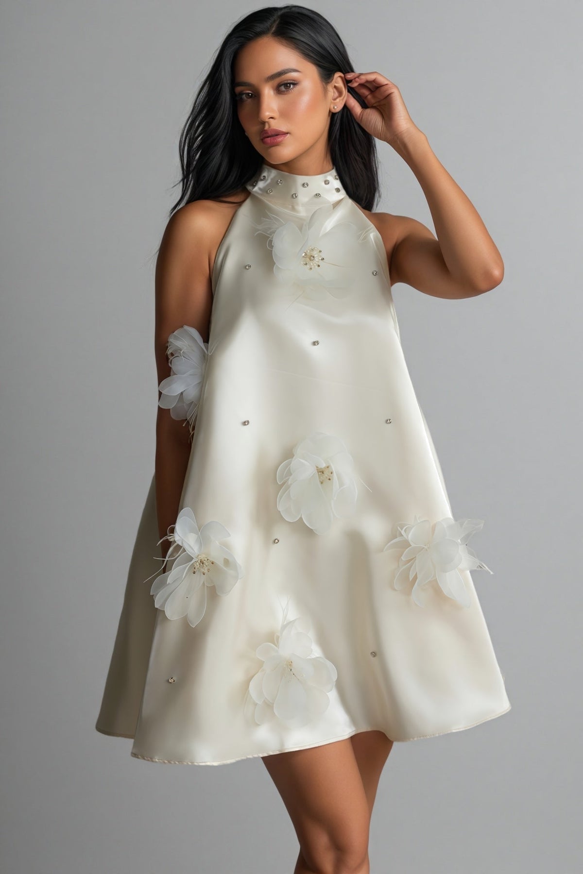 Floral Applique Halter Neck Sleeveless A-Line Mini Dress - View 4