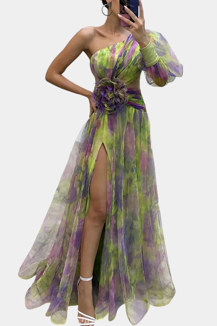 Floral One Shoulder Long Sleeve High Split Maxi Gown 5