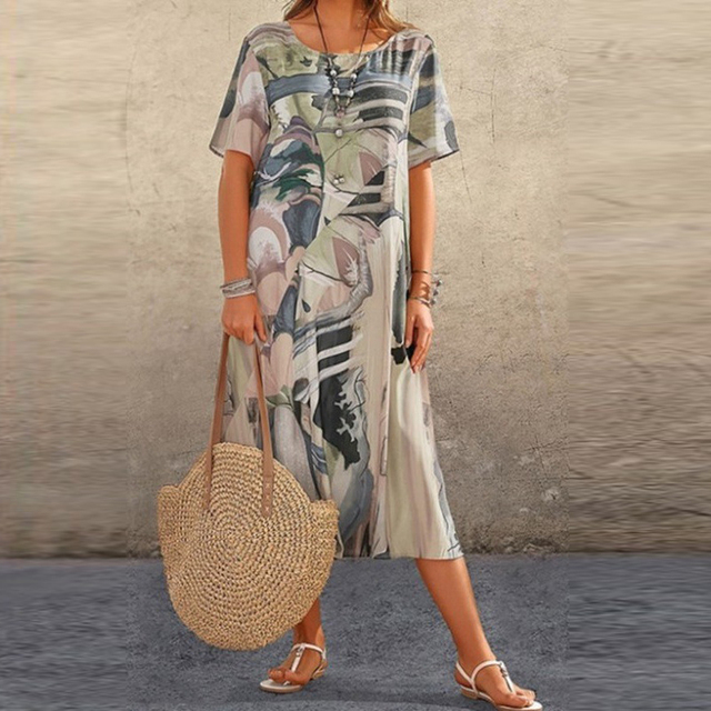 Scoop Neck Short Sleeve Shift Midi Summer Dress - View 5