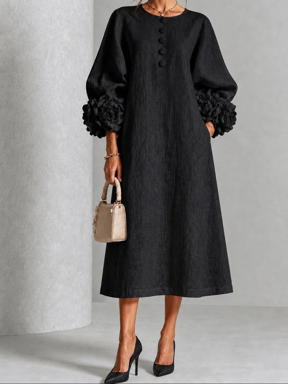 Round Neck 3D Floral Cuff Button Front Midi Dress 3