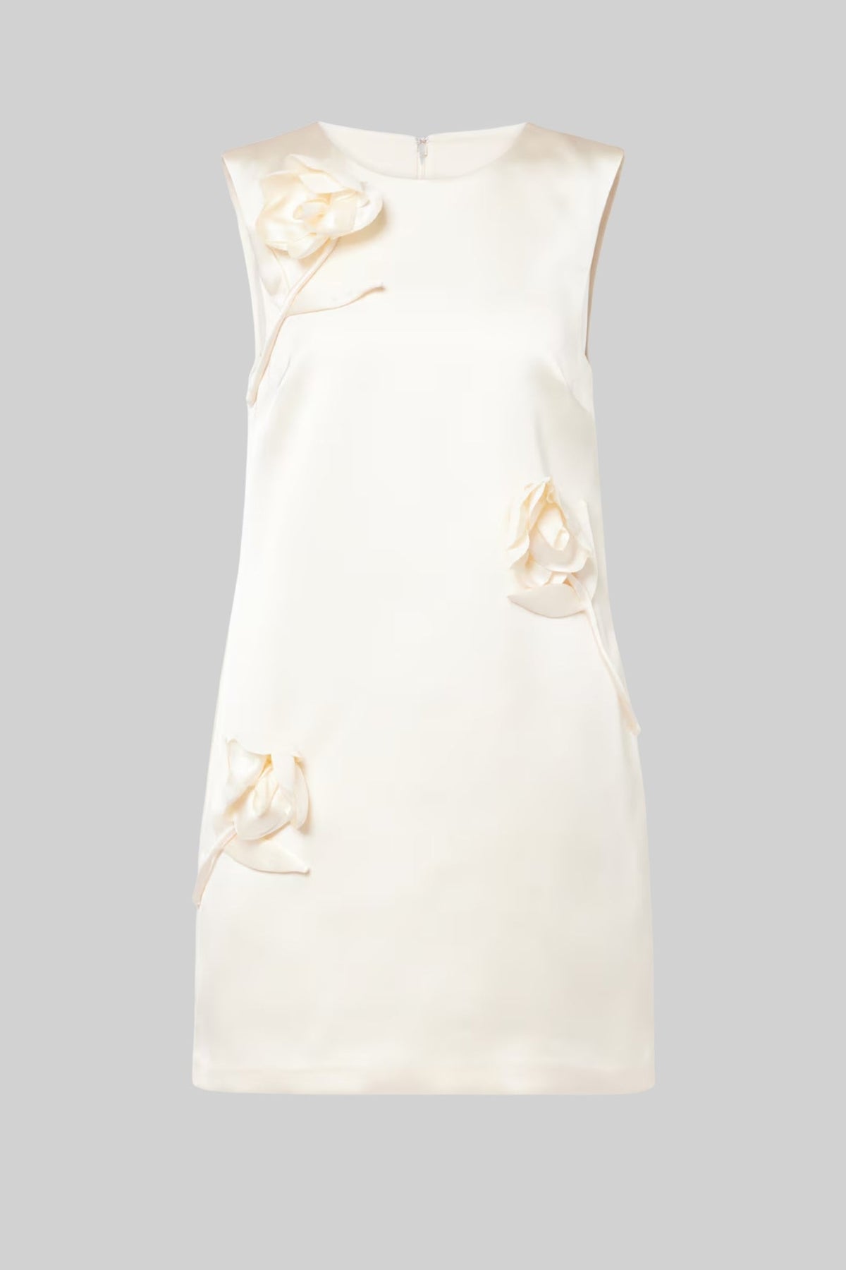Satin Mini Dress with 3D Floral Appliqués - Ivoire
