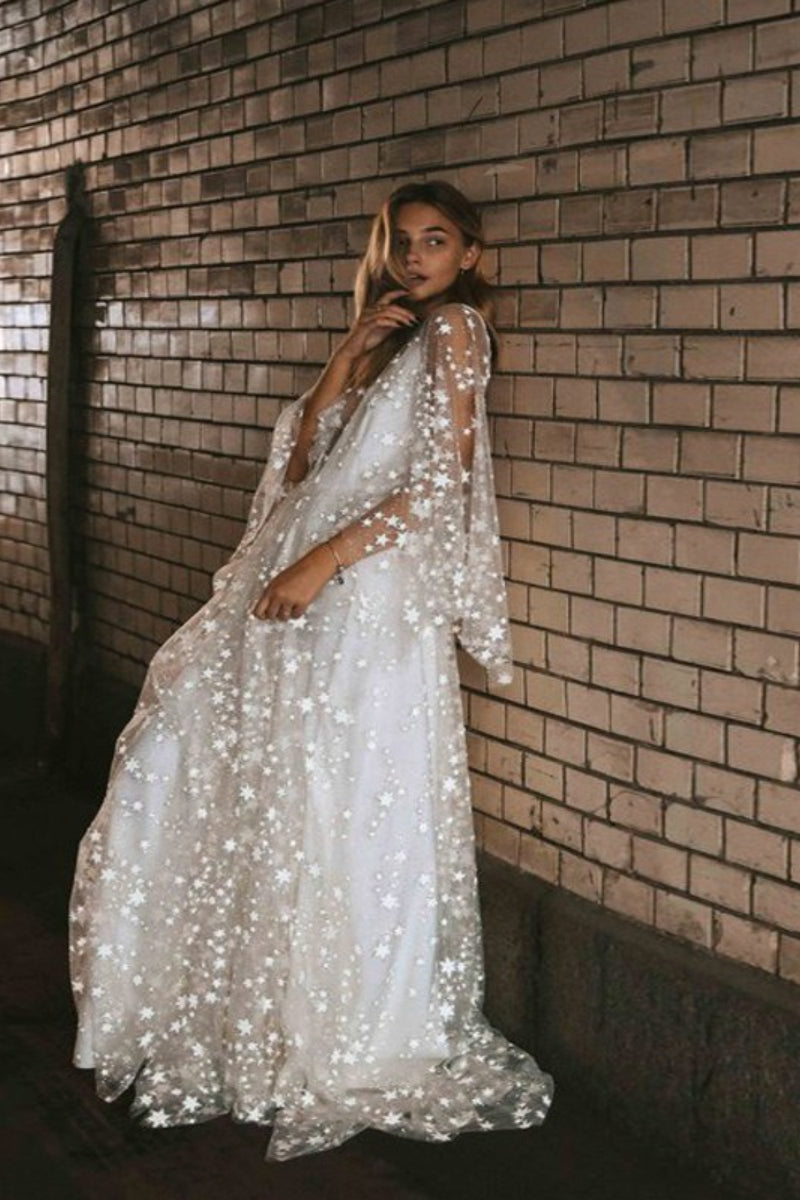 Star Sheer Deep V-Neck Long Sleeve Backless Maxi Dress