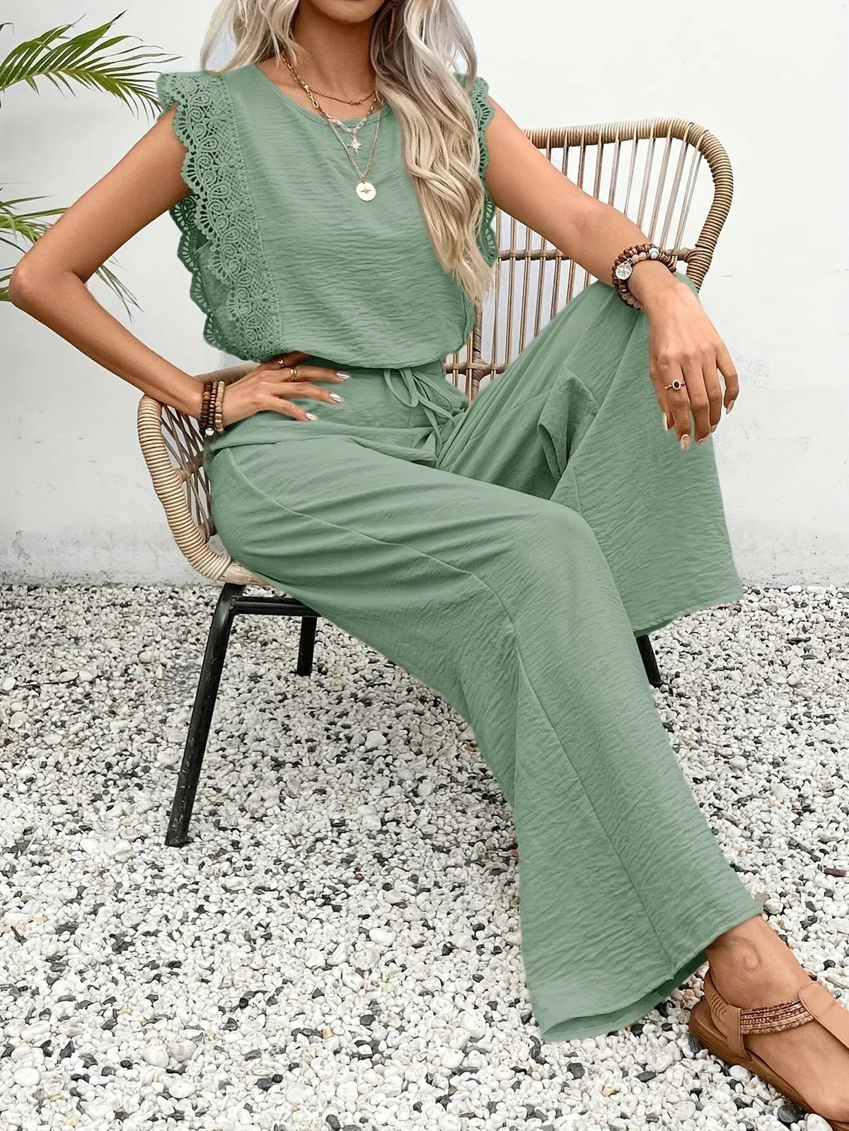 Round Neck Lace Trim Cap Sleeve Wide Leg Jumpsuit 34