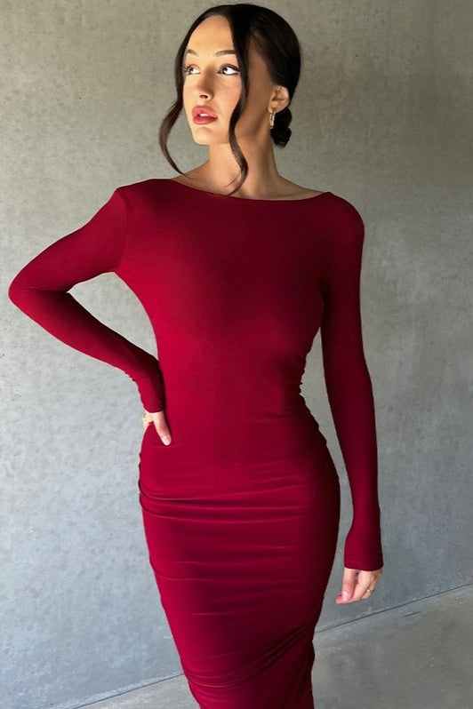 Deep V-Neck Long Sleeve Ruched Twist Front Bodycon Maxi Dress - View 5