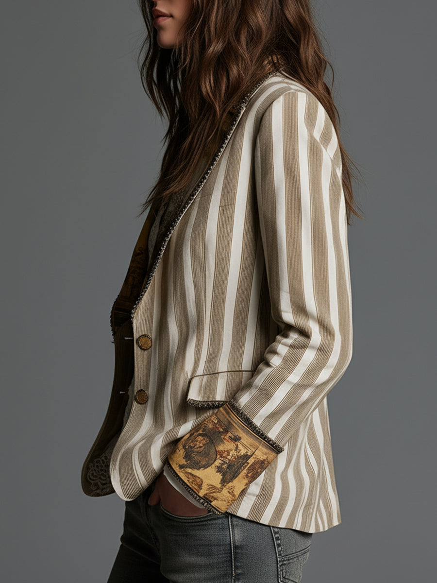 Striped Tapestry Print Lapel Single Button Blazer 2