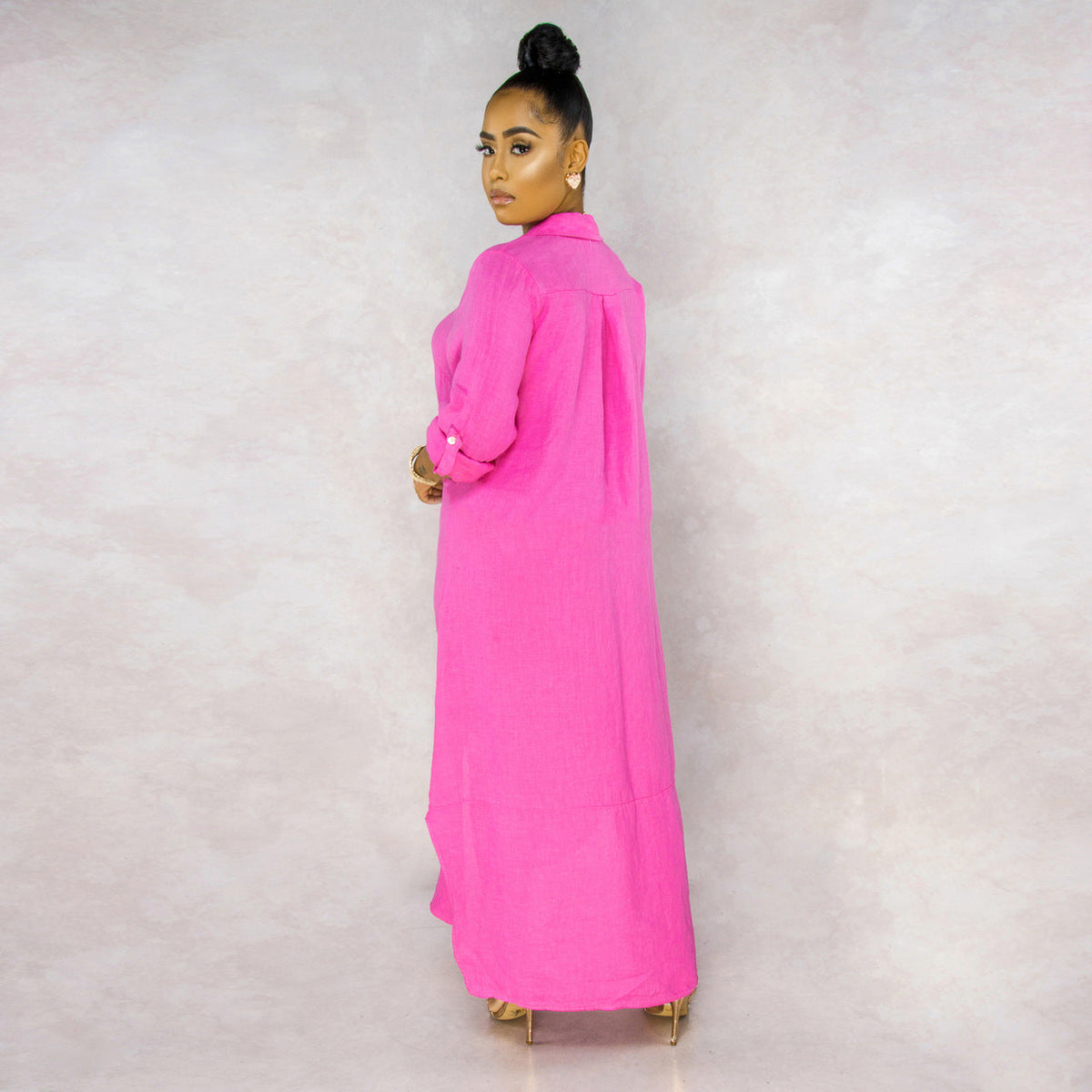 Button Down Collared Roll Tab Sleeve Box Pleat Maxi Shirt Dress