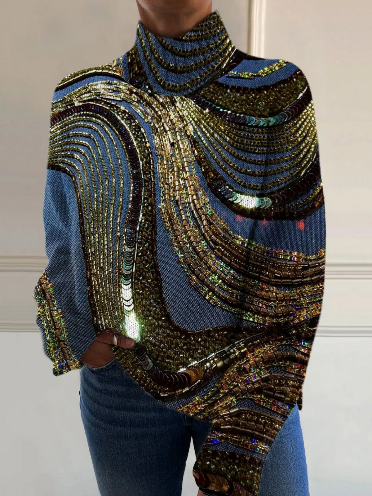 Sequin Swirl Turtleneck Long Sleeve Party Top