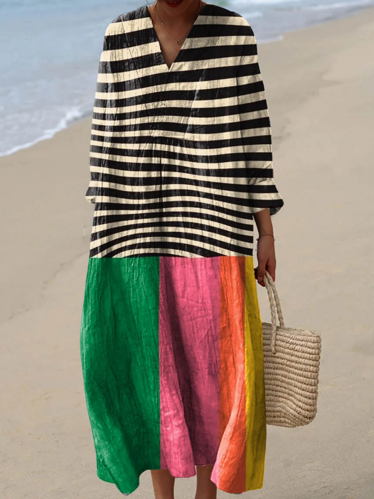 Striped Color Block V-Neck Long Sleeve Maxi Dress