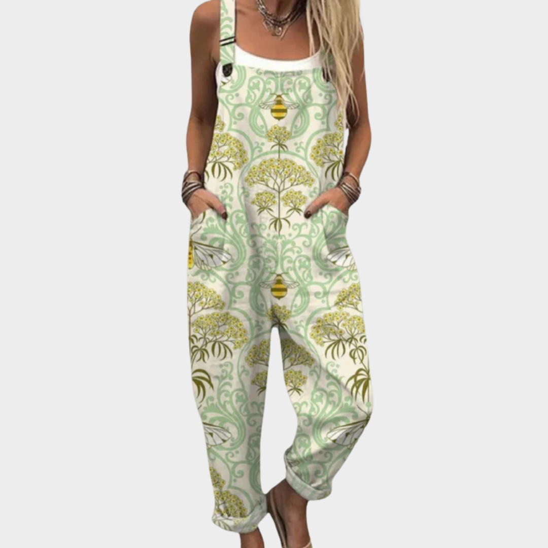 Bee Floral Damask Print Pocket Overall Jumpsuit