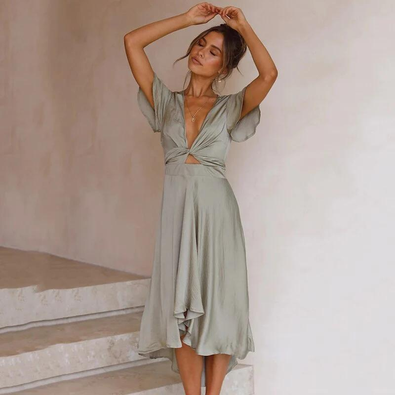 Satin Deep V-Neck Twist Knot Cut Out Flutter Sleeve Midi Dress - View 2