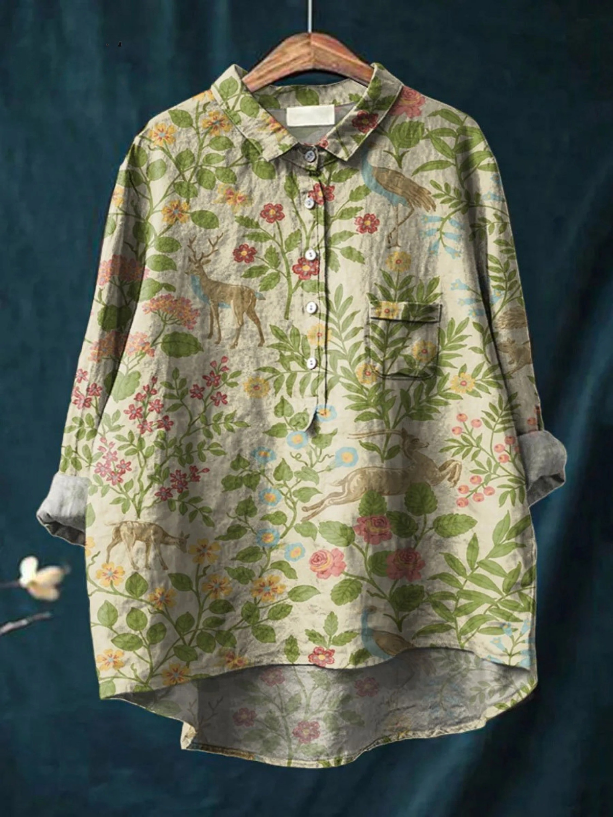 Woodland Animal Floral Print Button Down High Low Shirt 2