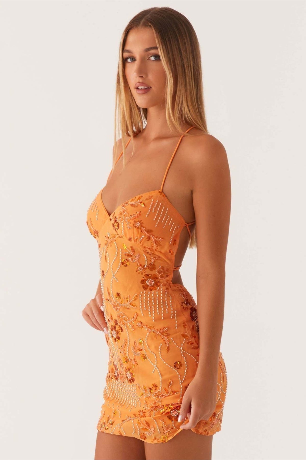 Beaded Floral Spaghetti Strap Bodycon Mini Cocktail Dress - View 3