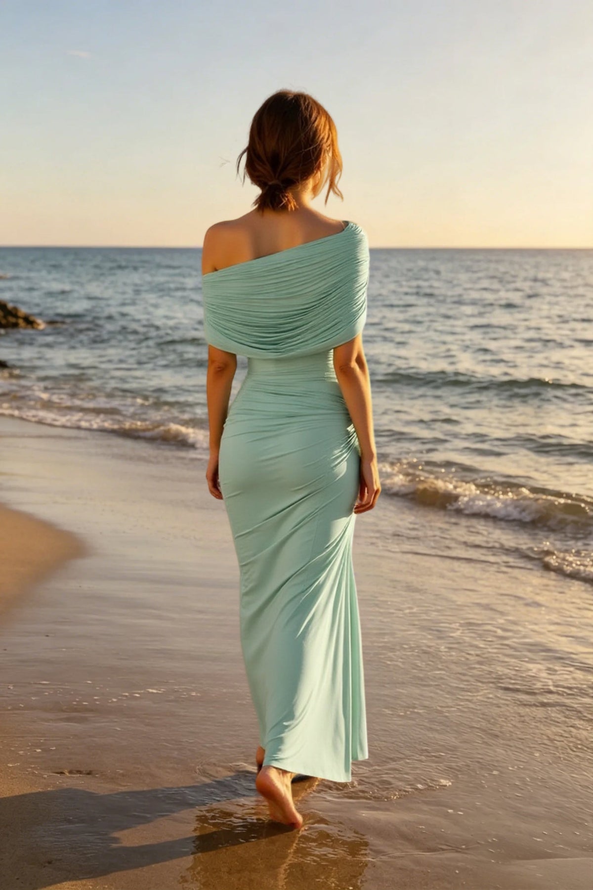 Satin Off Shoulder Ruched Mermaid Gown - View 5