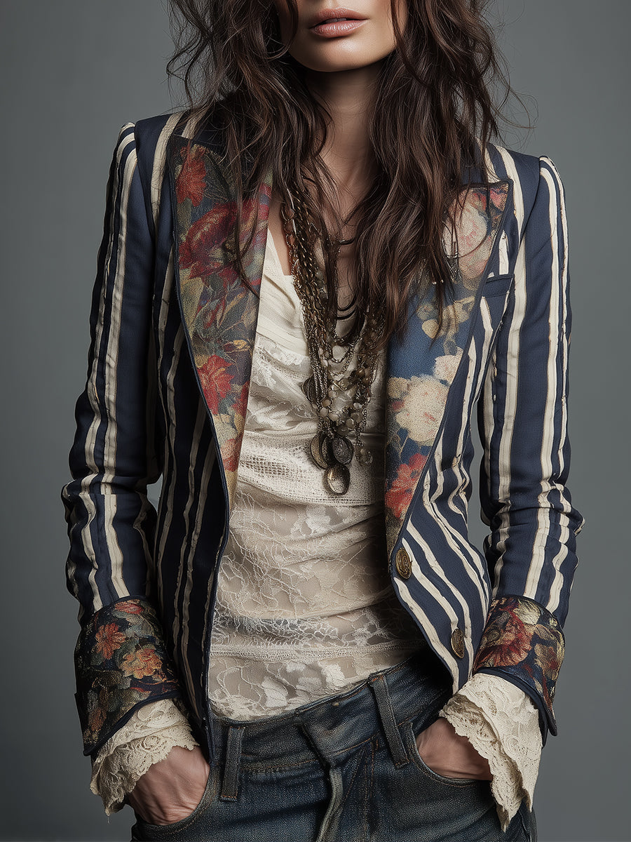Floral Striped Notch Lapel Single Button Blazer
