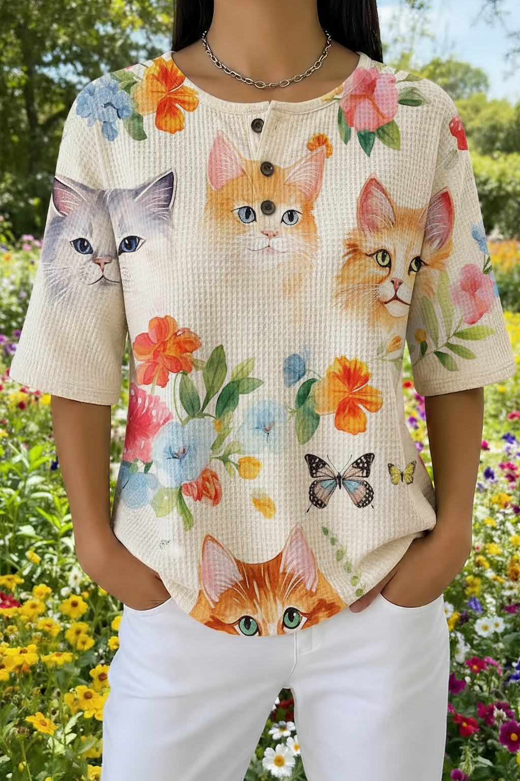 Cat and Floral Print Waffle Knit Short Sleeve Henley Top