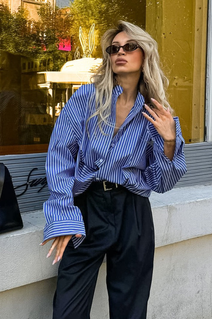 Blue White Stripe Button Blouse