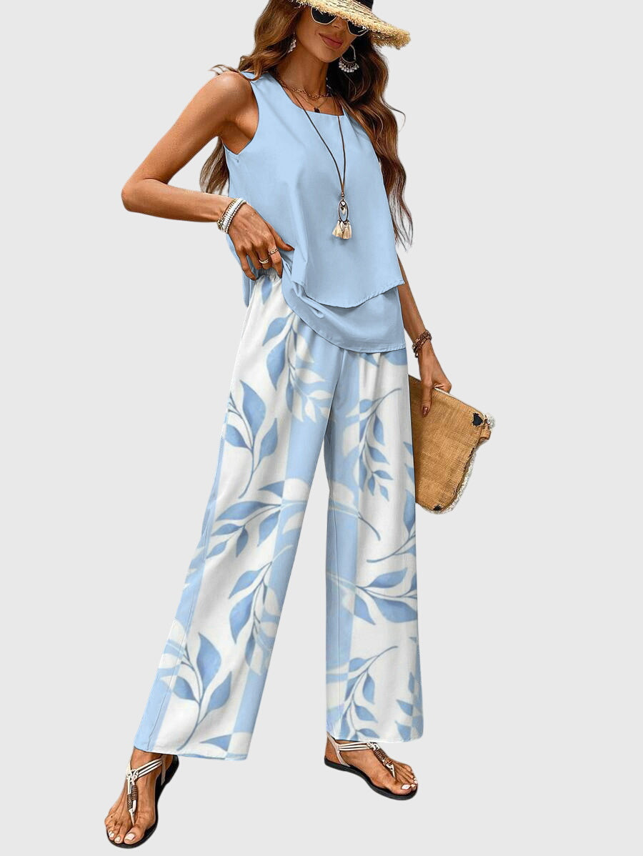 Sleeveless Top and Leaf Print Wide Leg Pants Two Piece Set 2
