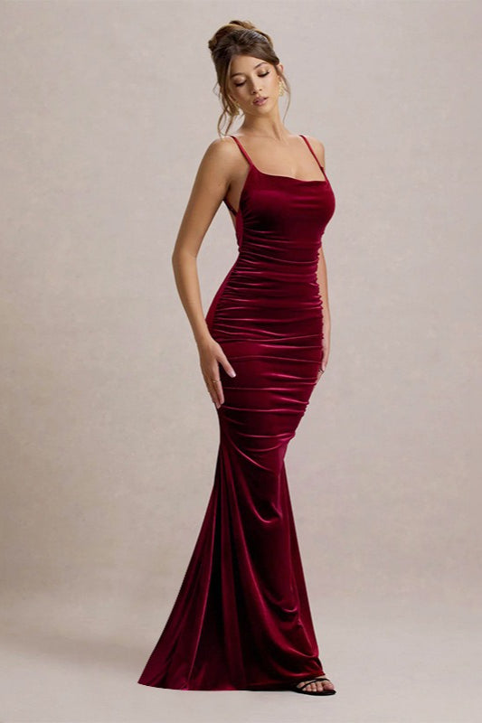 Velvet Ruched Low-Back Party Dress - View 2
