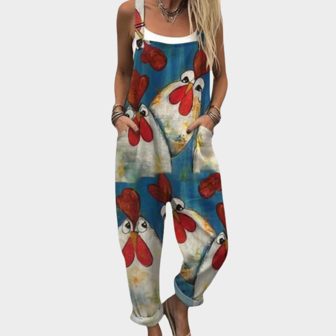 Rooster Print Wide Leg Pocket Overall Jumpsuit