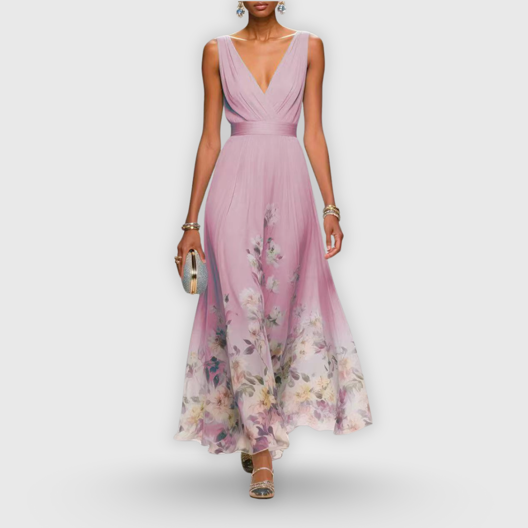 V-Neck Sleeveless Floral Pleated Chiffon Maxi Gown 2