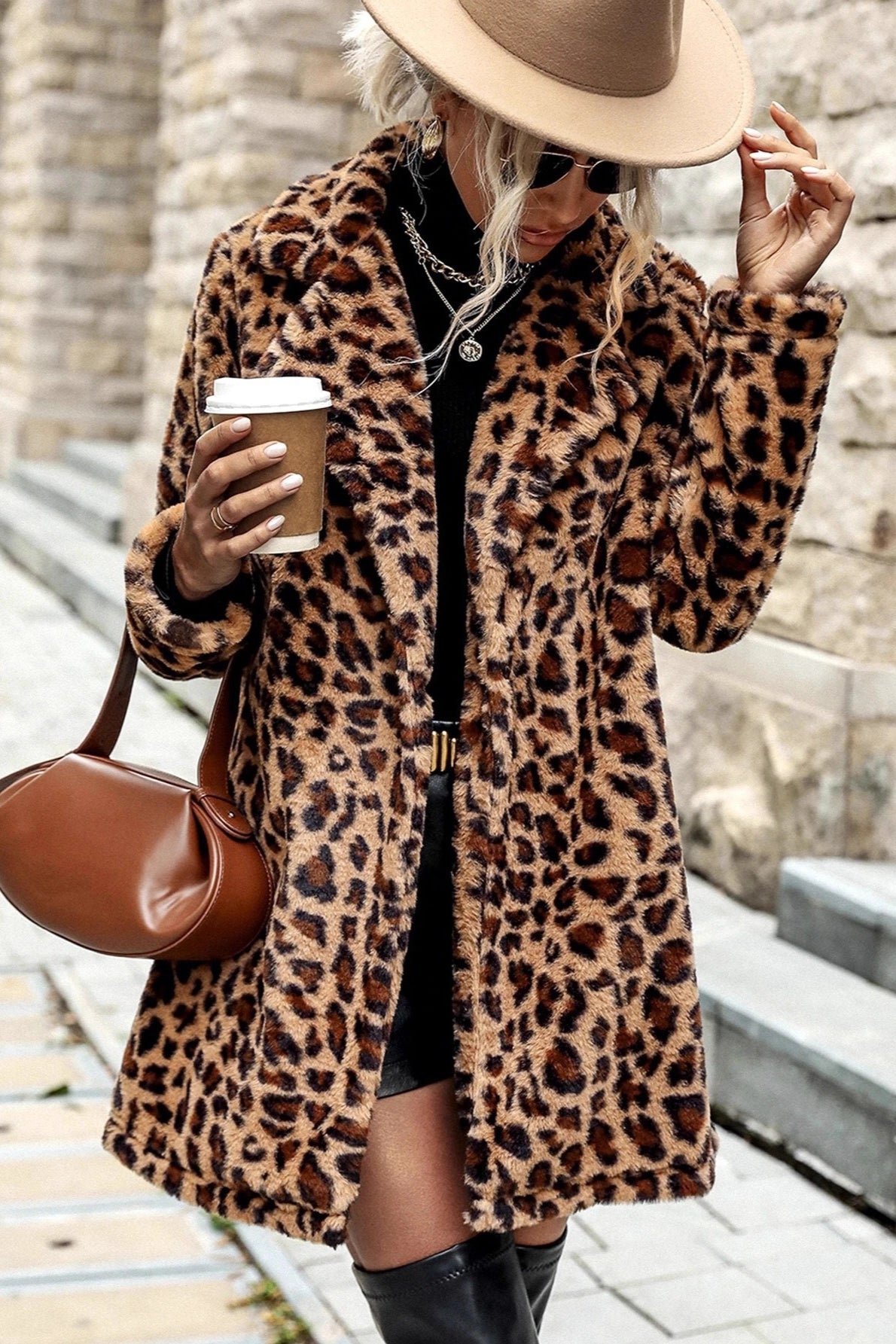 Leopard Print Notch Lapel Plush Overcoat