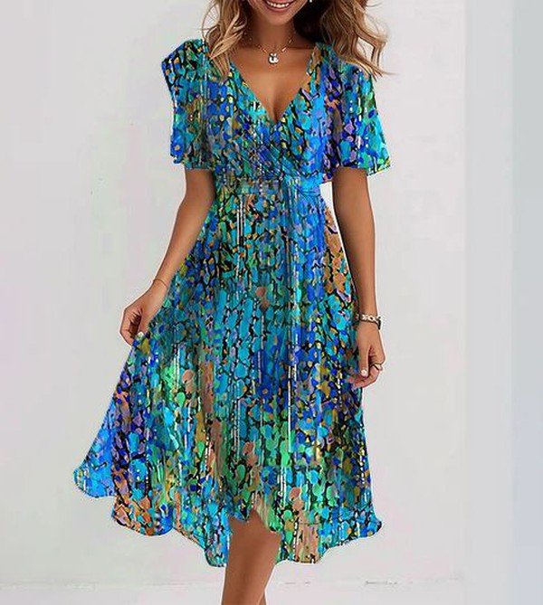 Abstract Print V-Neck Short Sleeve Pleated Midi Dress 2