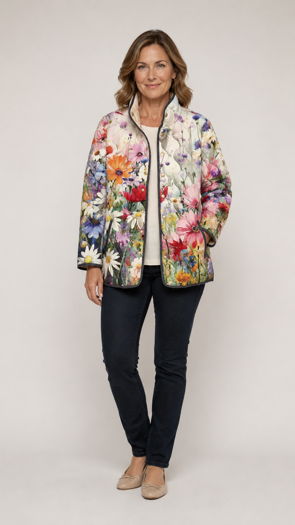 Floral Quilted Stand Collar Open Front Jacket