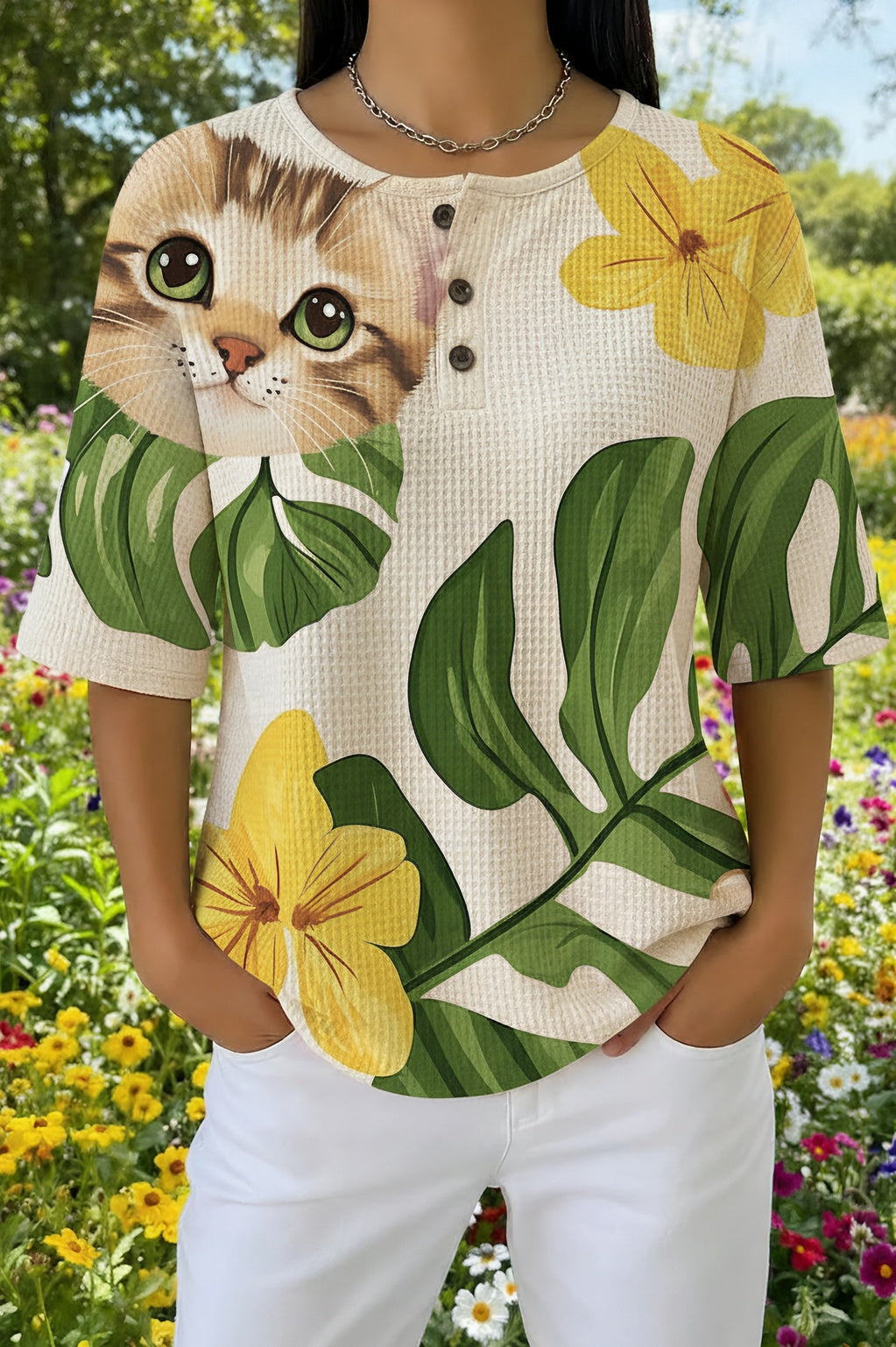 Kitten and Tropical Leaf Print Short Sleeve Waffle Knit Henley Top