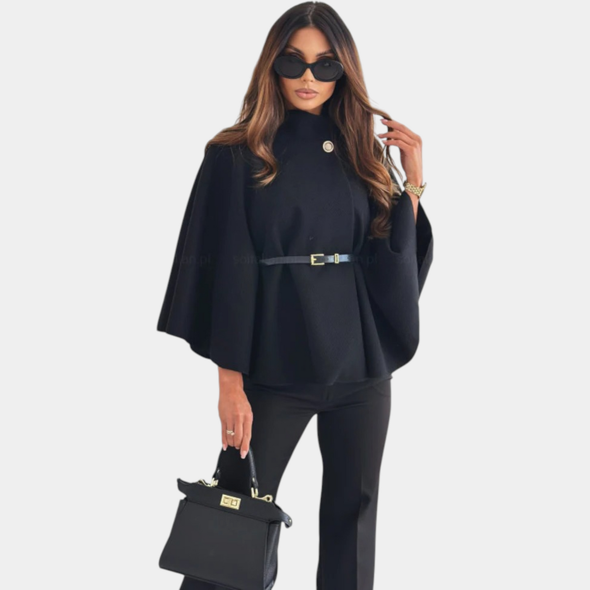 Cape Sleeve High Neck Belted Poncho Cape 3