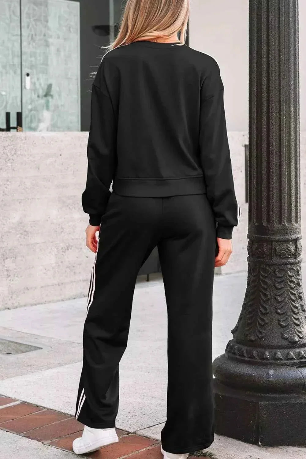 Striped Detail Crewneck Pullover Elastic Sweatpants