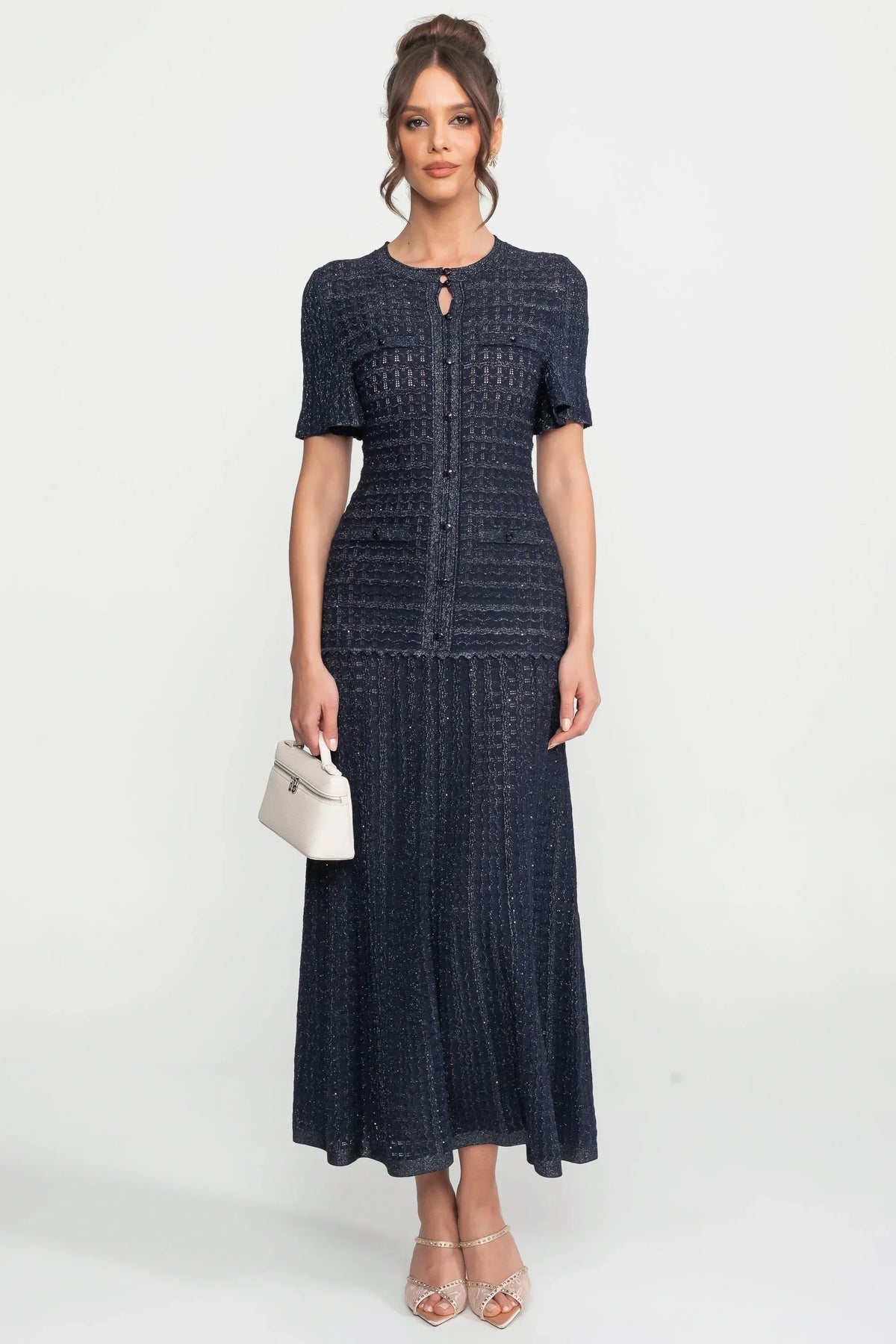 Short Sleeve Midi Dress With Shimmer Knit Texture - Navy