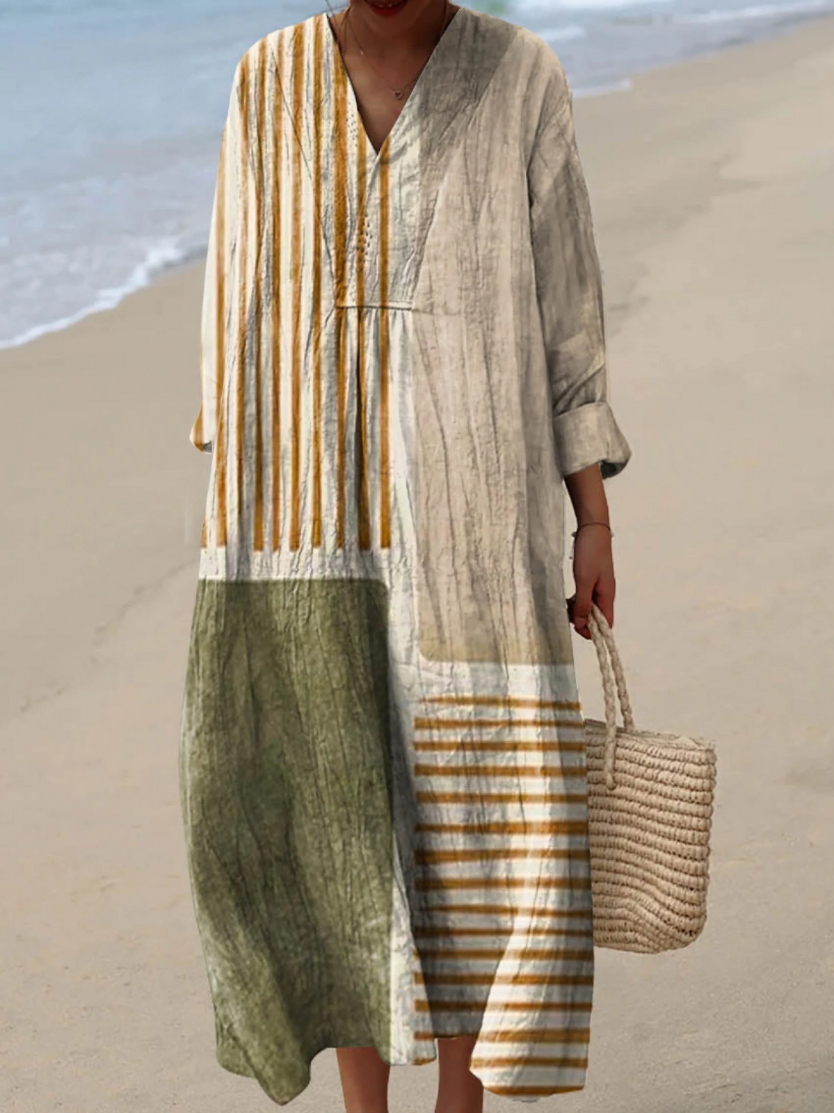 Striped Colorblock V-Neck Long Sleeve Maxi Dress