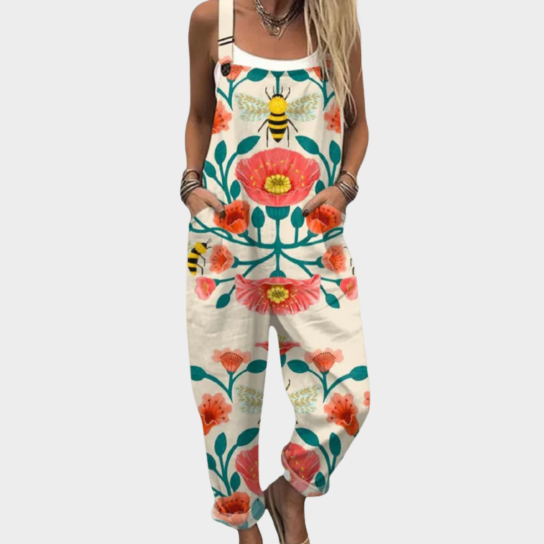 Floral Bee Print Wide Leg Overall Jumpsuit
