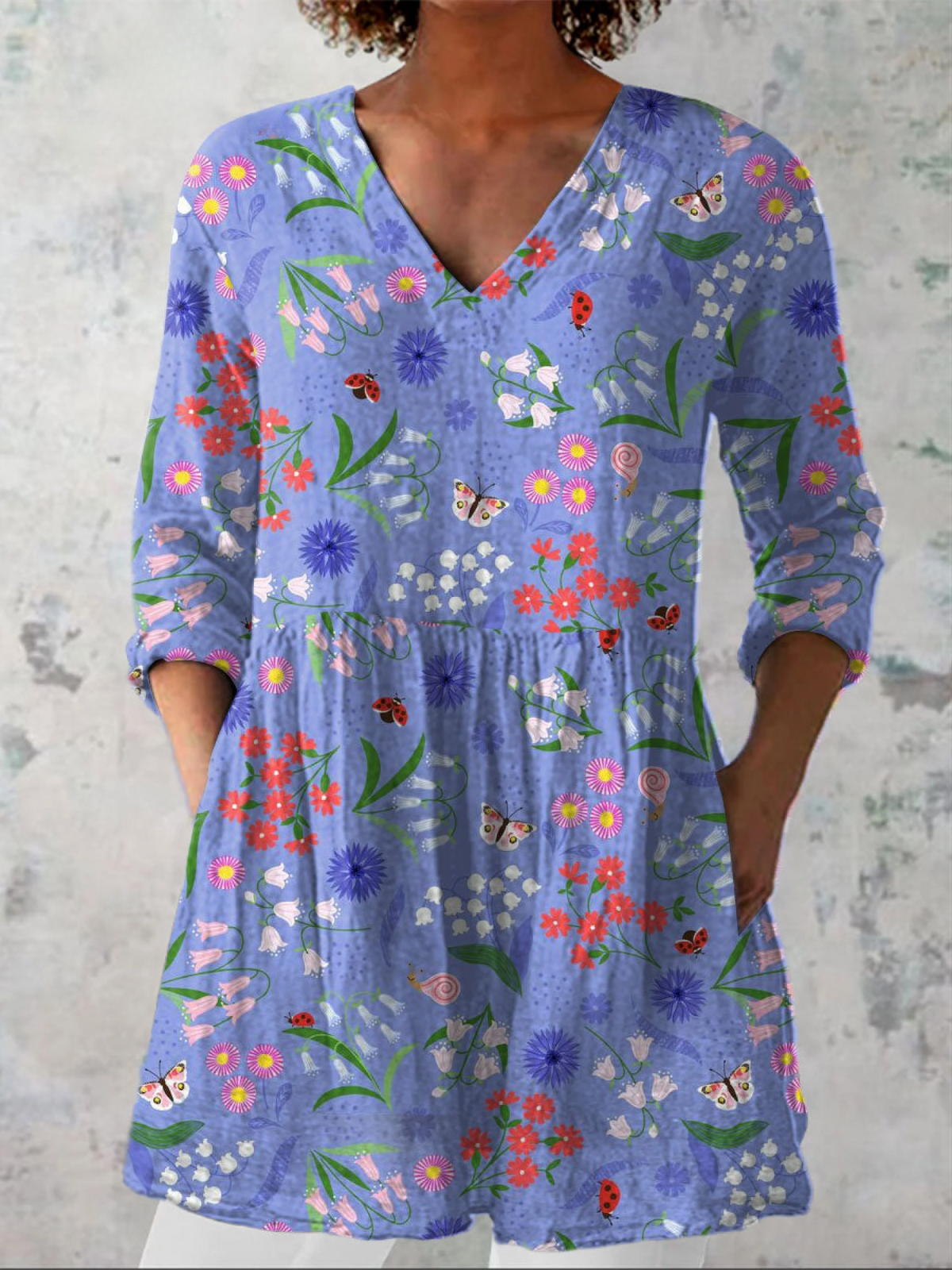 Floral Butterfly Print V-Neck Tiered Tunic Top