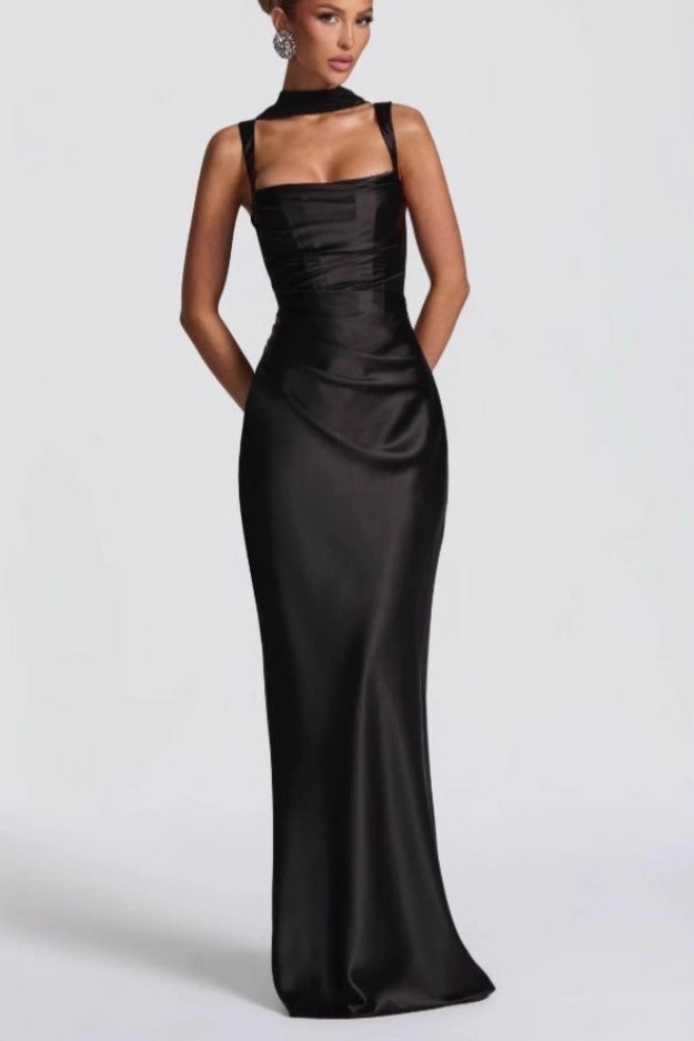 Square Neck Ruched Satin Bodycon Mermaid Dress - View 9