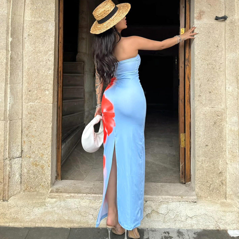 Strapless Floral Print Bodycon High Split Maxi Dress - View 3