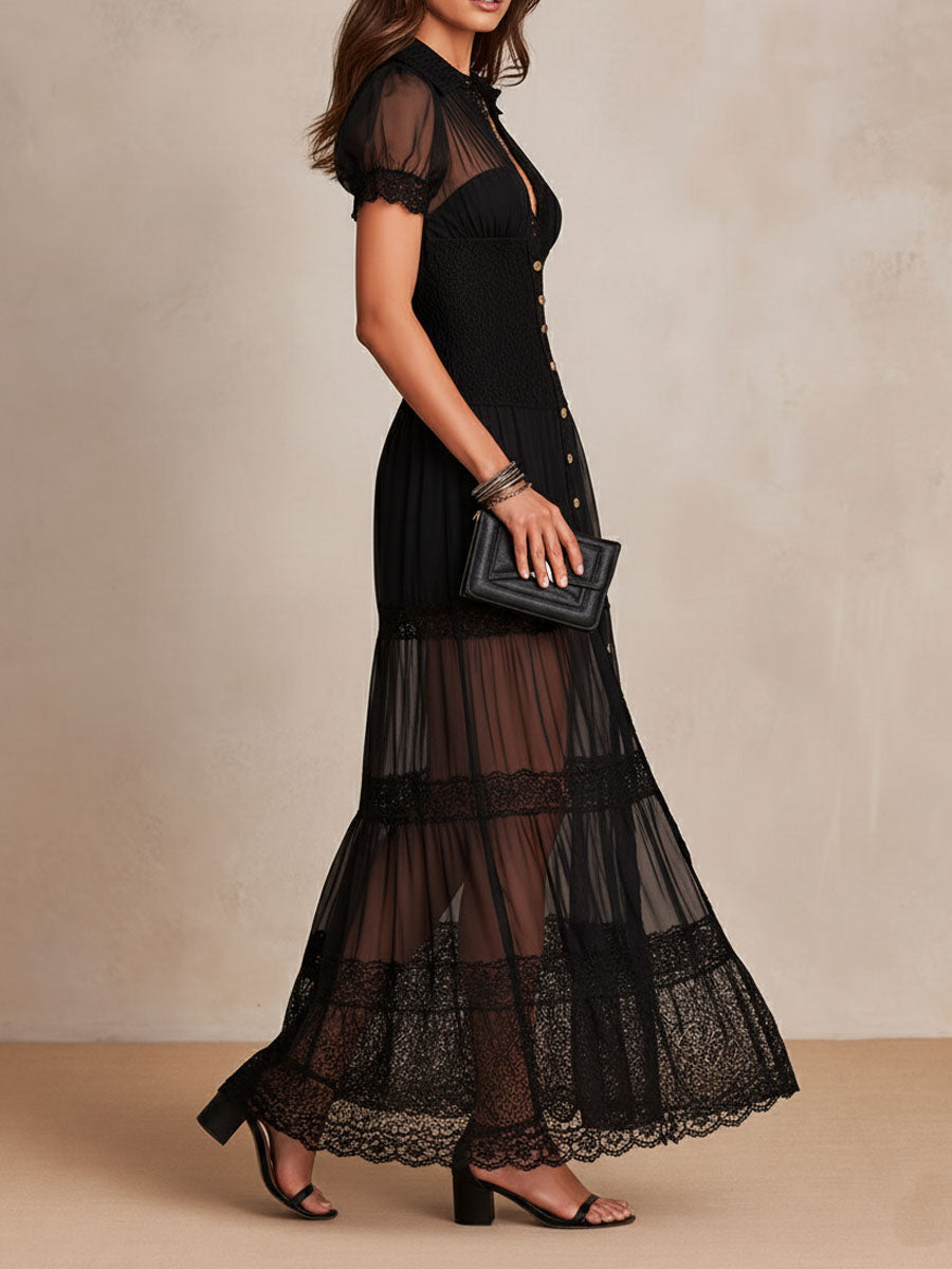 Sheer Mesh Button Front Lace Trim Tiered Maxi Dress 3