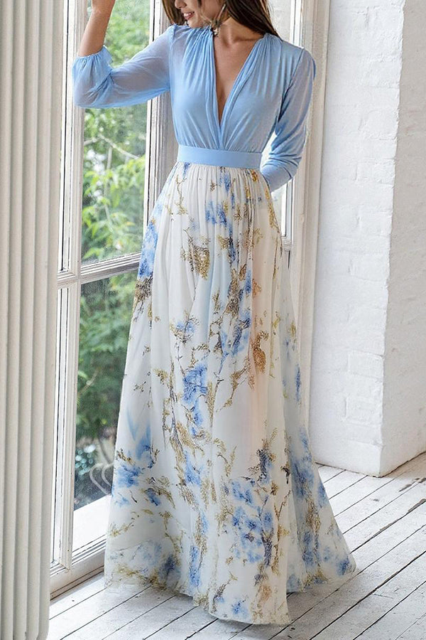 Floral Chiffon Deep V-Neck Bishop Sleeve Maxi Dress 2
