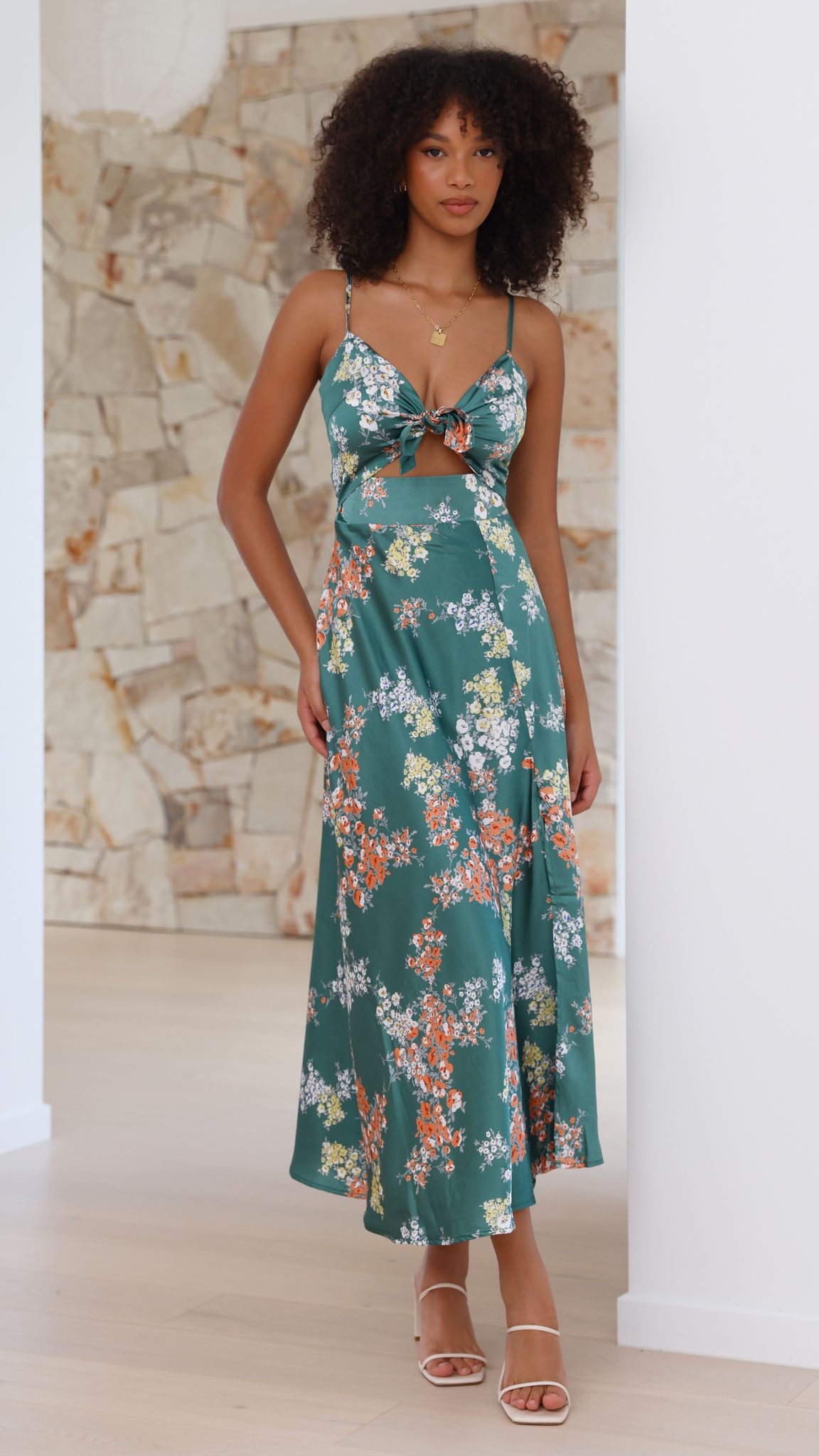 Floral Deep V-Neck Spaghetti Strap Tie Front High Split Midi Dress 29